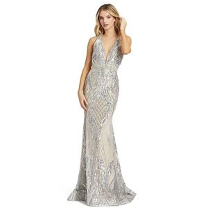 Mac Duggal 67327 Damask Sequin Silver/Nude Trumpet Gown, Size 2